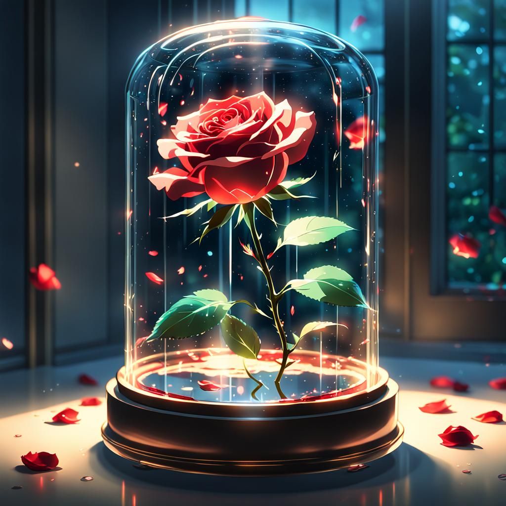 Glowing Red Rose in Glass Case, Anime Style