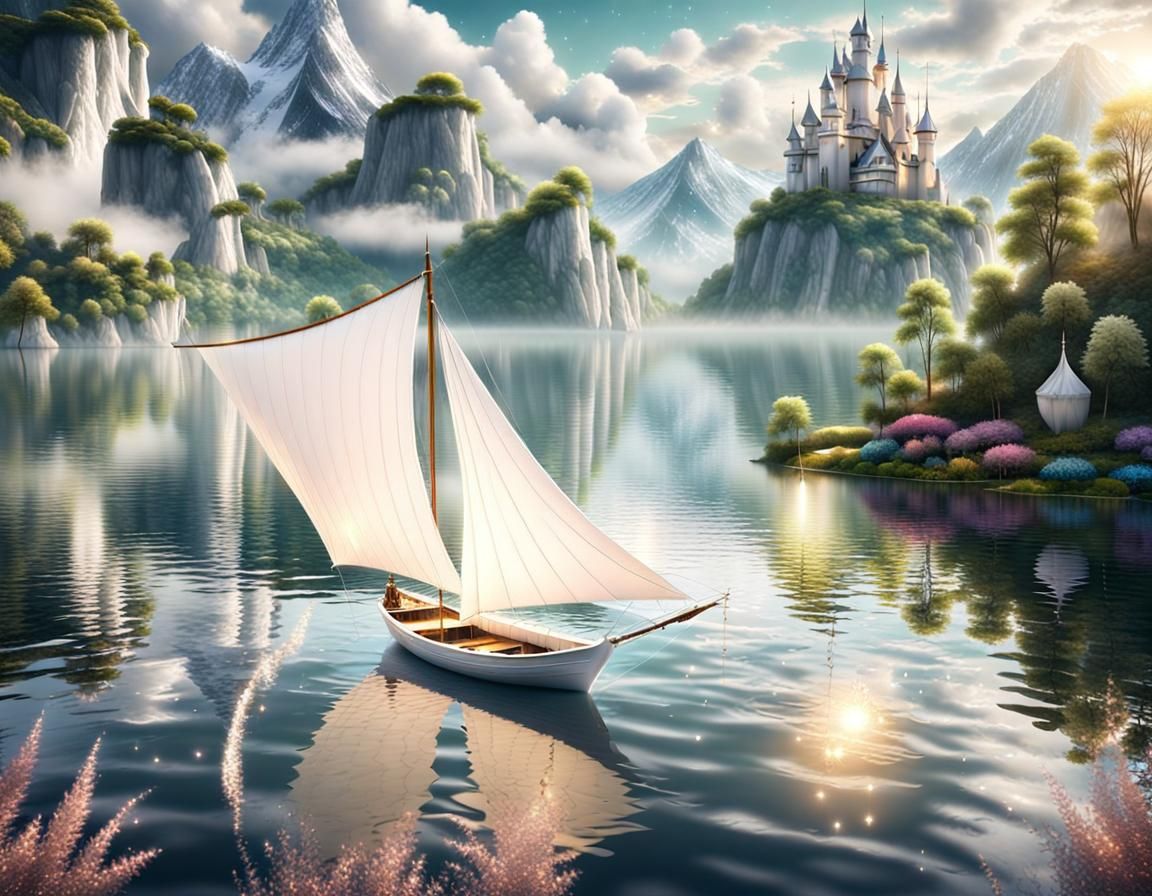 Whimsical Boat on Lake with Magical Sparkles