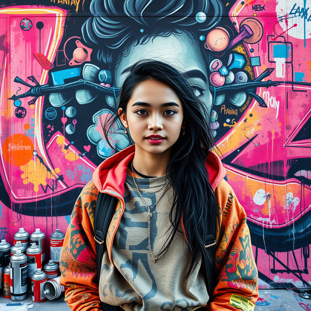 Streetwear Artist in Front of Graffiti Mural