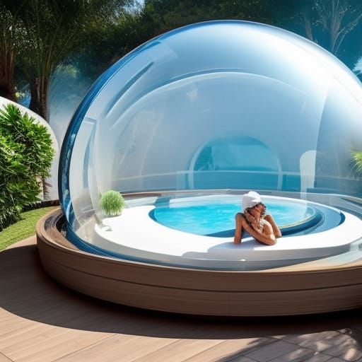 Woman and Elephant Relax in Futuristic Space Hotel