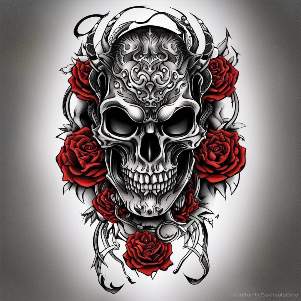 Biomechanical Skull Tattoo Design with Oriental Elements