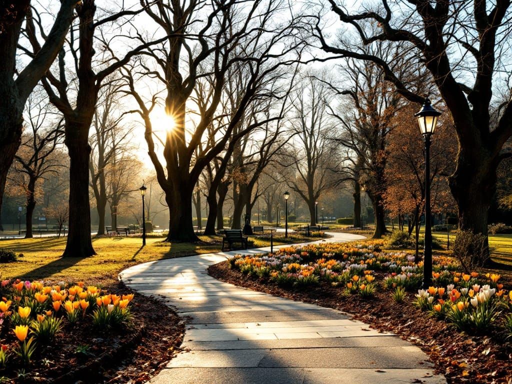 Late Winter Victorian City Park in Golden Sunshine