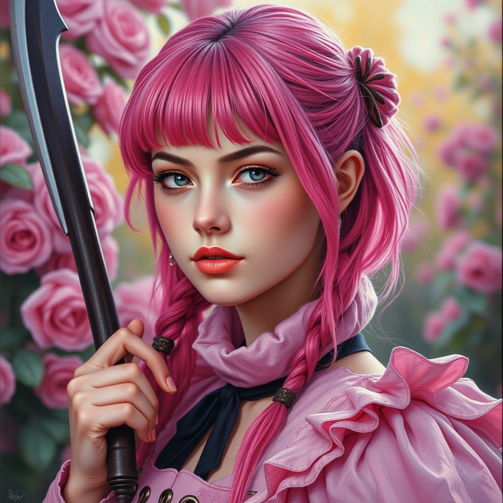 Elegant Visual Kei Portrait of a Young Woman in a Rose Garde...