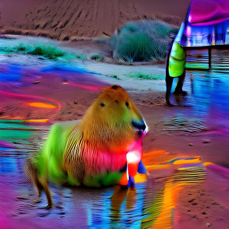 Capybara Clown in Sahara: Neon Impressionism