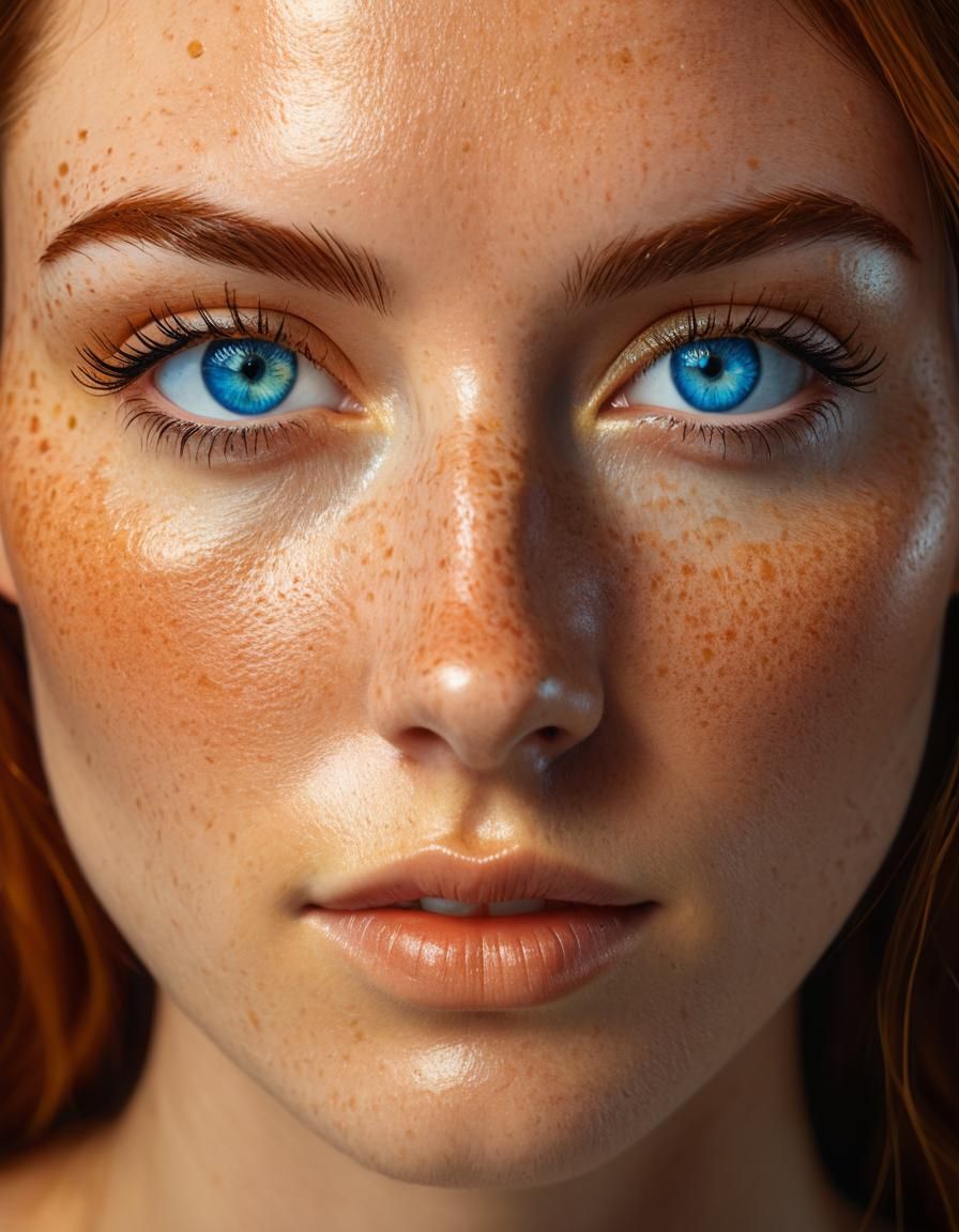 Hyperrealistic Portrait of a Freckled Woman with Blue Eyes