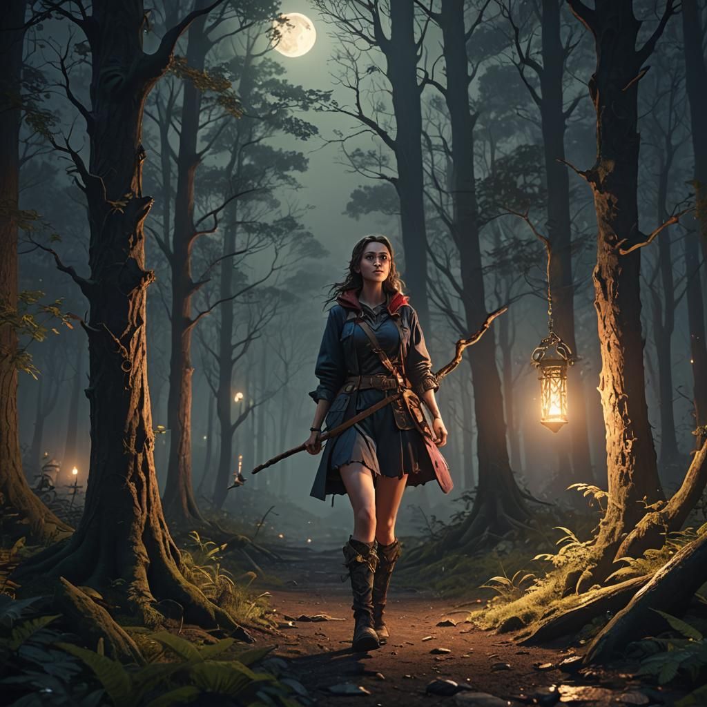 Mystical Forest: Girl with Magic Staff in Moonlight