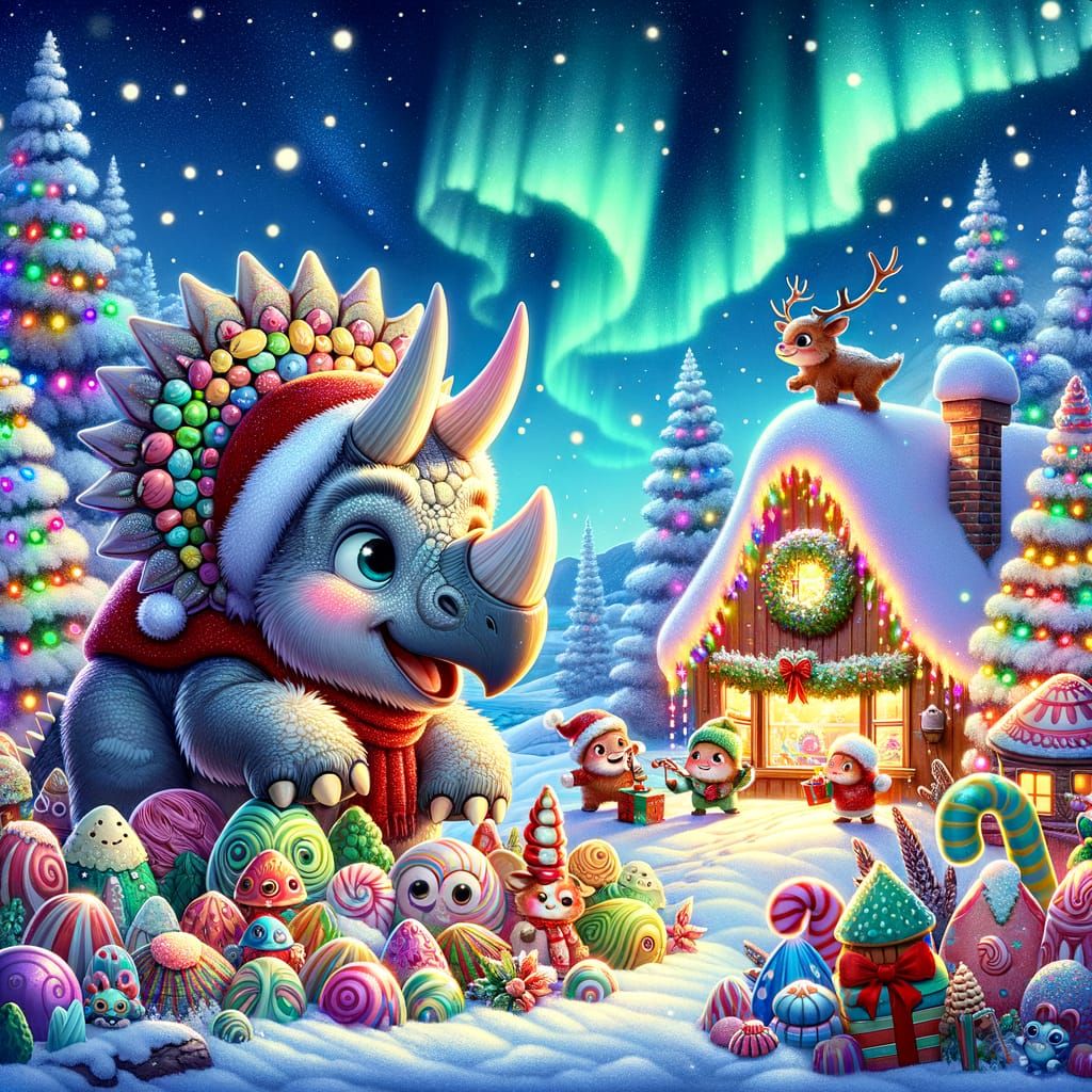 Triceratops Eats Candy Plants in Arctic Christmas Wonderland