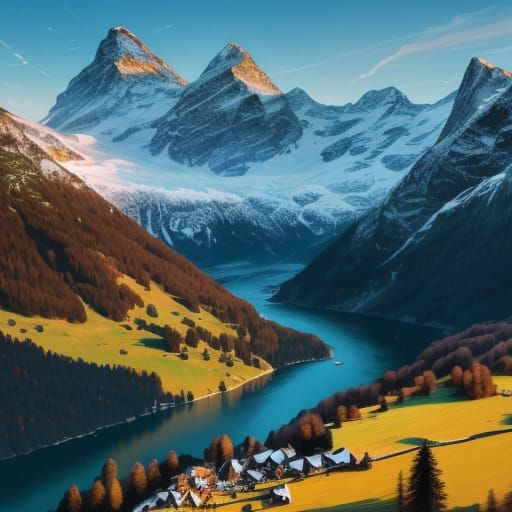 Majestic Swiss Alps Oil Painting in Golden Hour