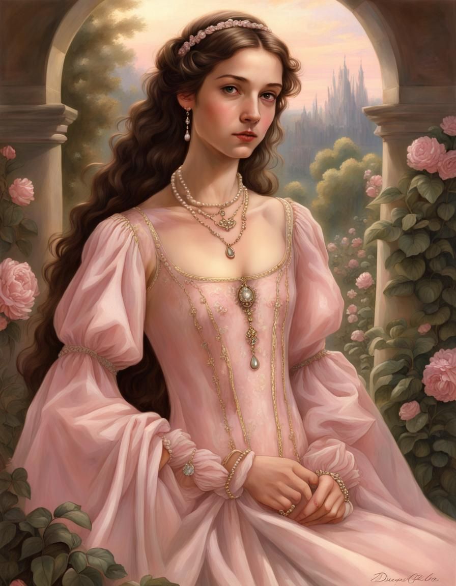 Renaissance Girl in Golden Gown with Pearl Necklaces