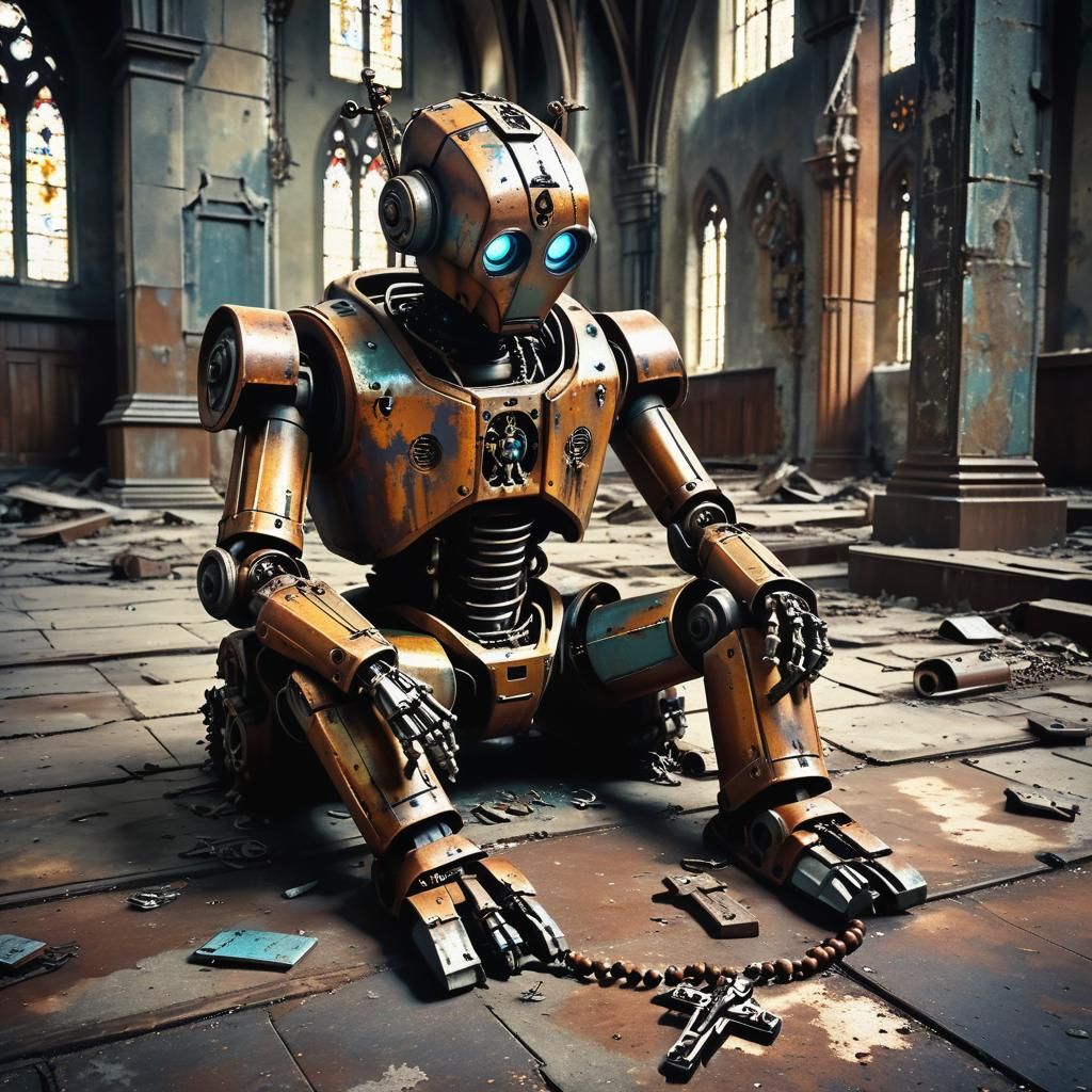 Post-Apocalyptic Robot Praying in Abandoned Church