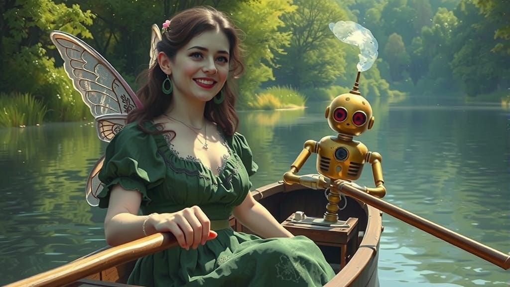 Victorian Fairy and Robot on Verdant River