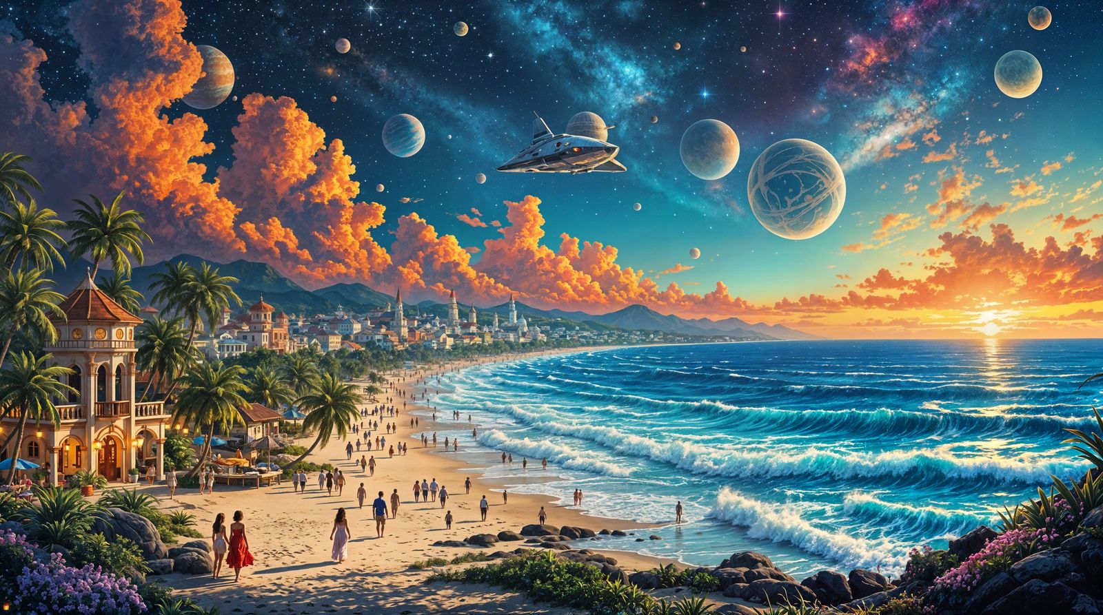 Vibrant Tropical Island Under Cosmic Sunset