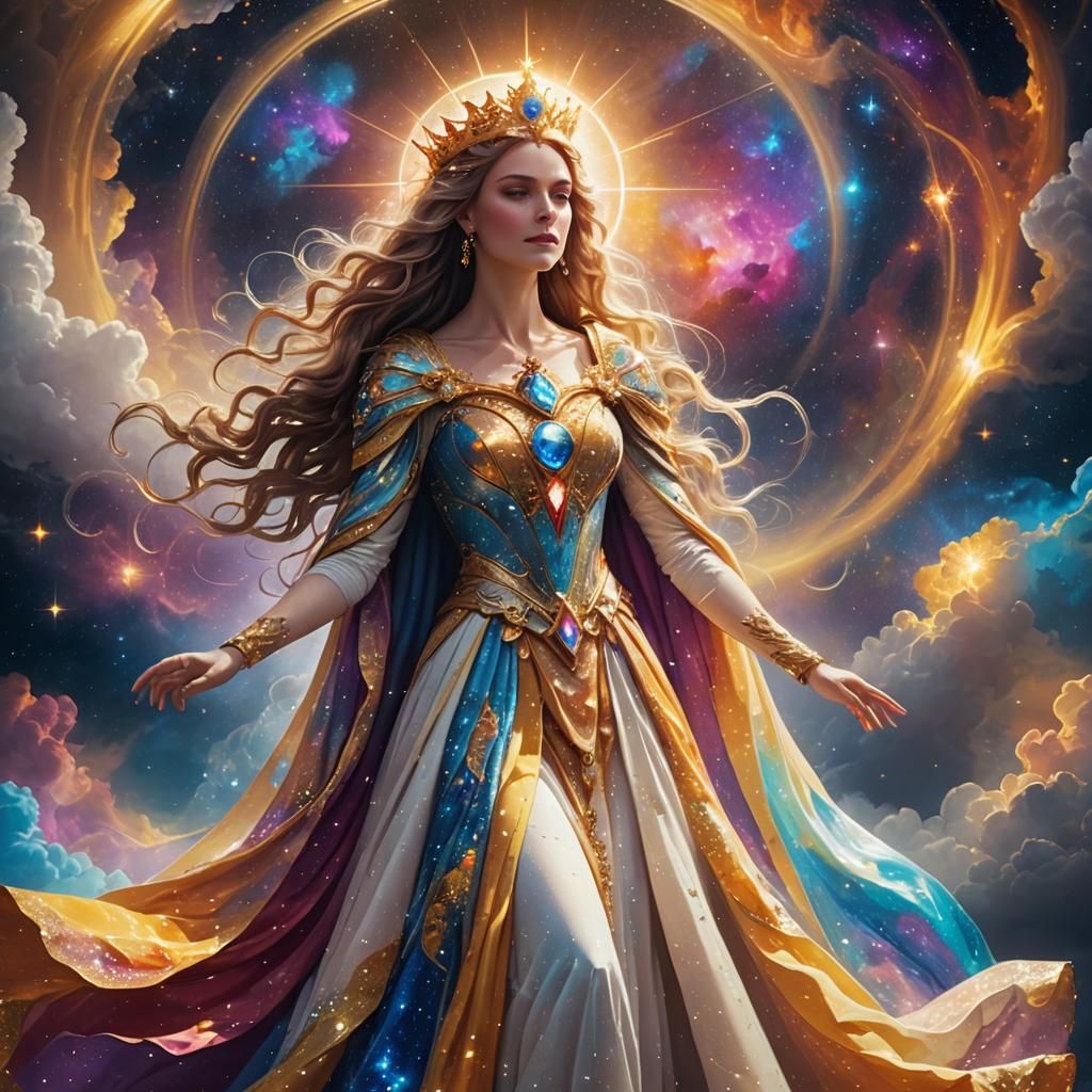 Celestial Queen in Stardust Gown with Cosmic Colors