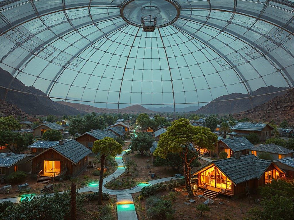 Surreal Hyper-Realistic View of Mars Solarpunk Settlement Un...