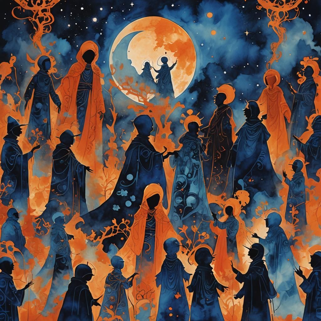 Cosmic Abstract Art: Celestial Deities in Moonlight