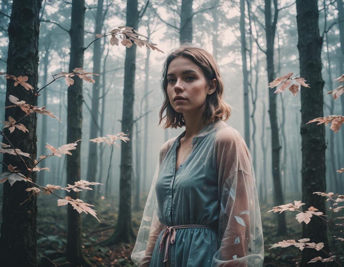 Ethereal Double Exposure of Woman in Misty Forest