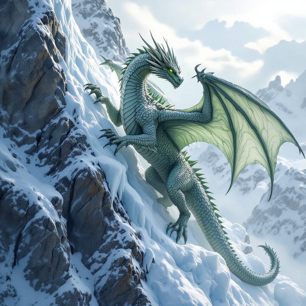 Hyperrealistic Dragon Climbing Frozen Mountain