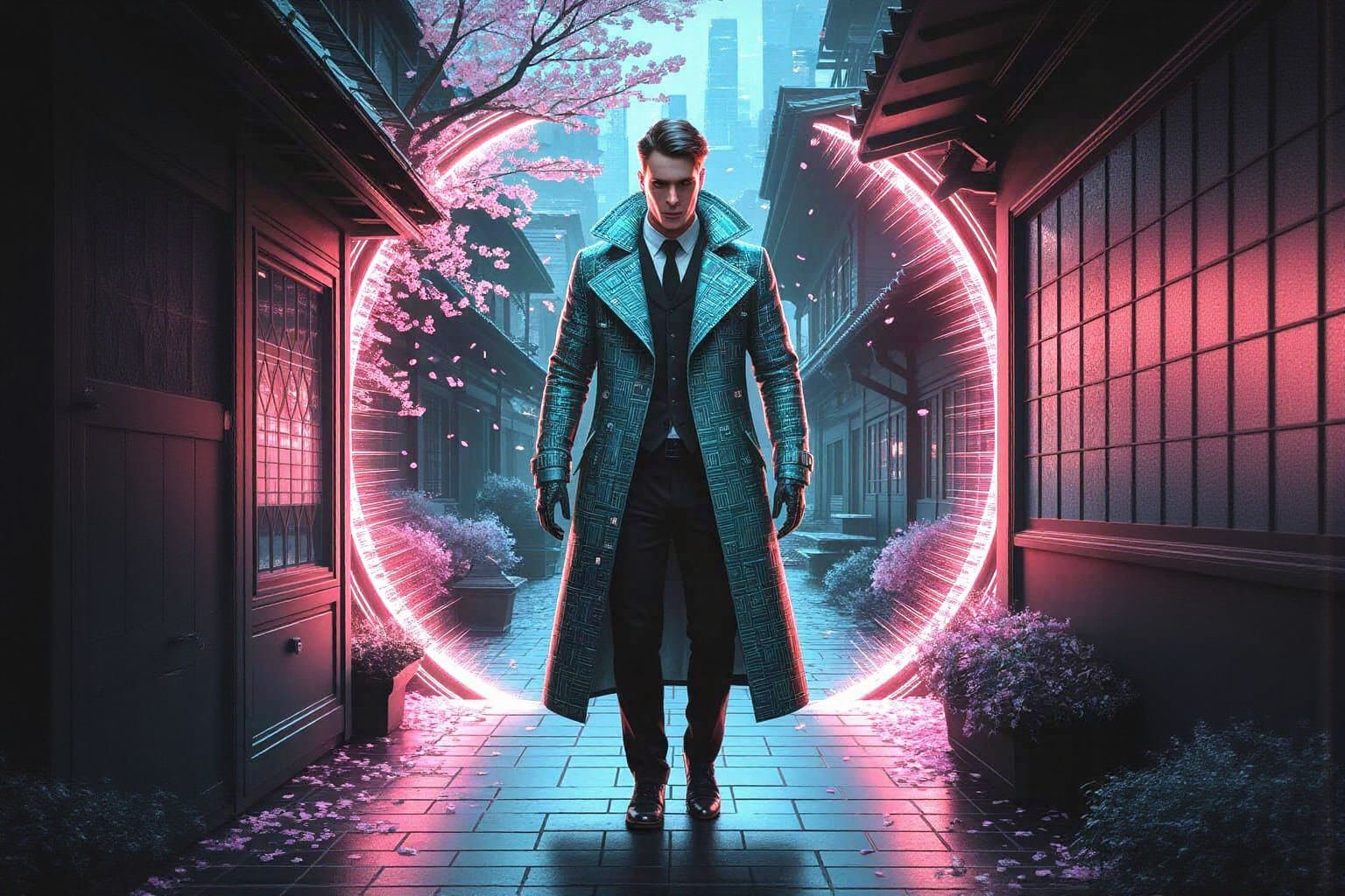 Cyberpunk Detective Emerges From Portal Into Zen Garden