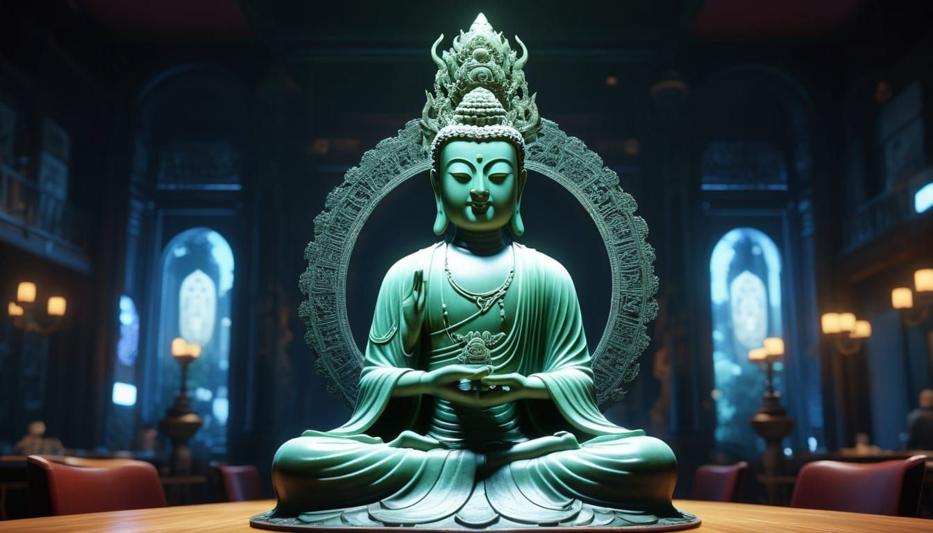 Ethereal Jade Guanyin Bodhisattva Sculpture Radiates in Radi...