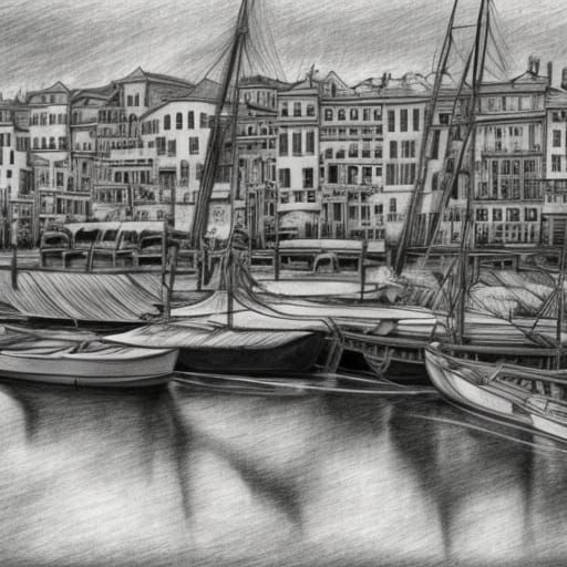 Detailed Pencil Drawing of a Harbour with Boats