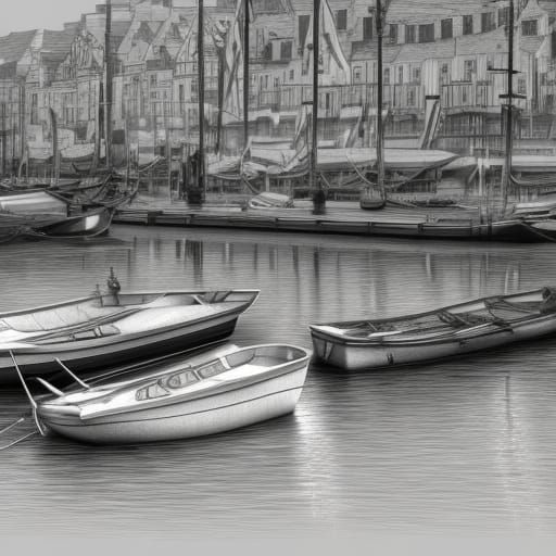 Detailed Charcoal Drawing of a Harbour with Boats