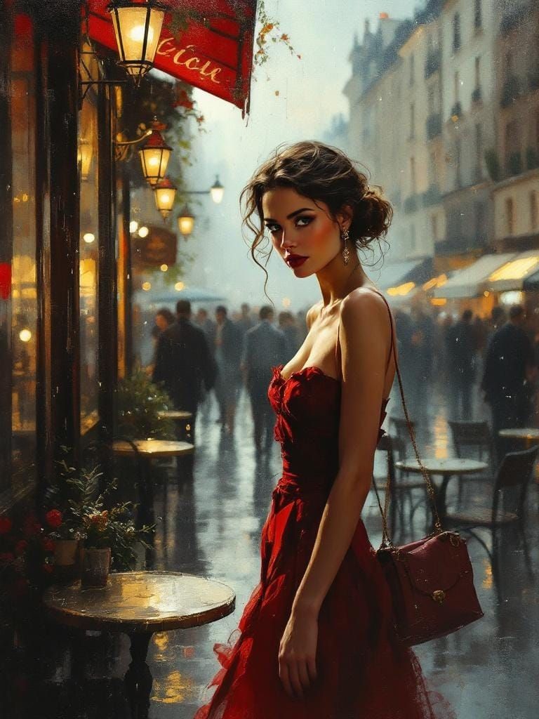 Woman in Red Dress: Parisian Cafe Romanticism