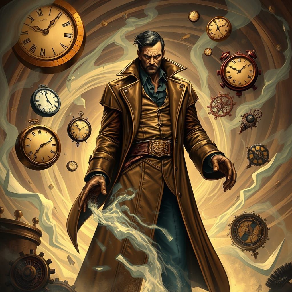 Steampunk Time Bender Supervillain Amidst Temporal Vortex