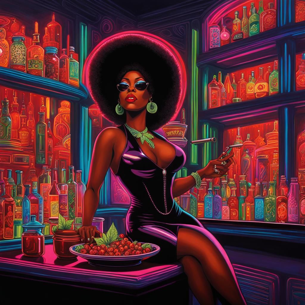 Psychedelic Pot Bar Scene with Woman in Catsuit