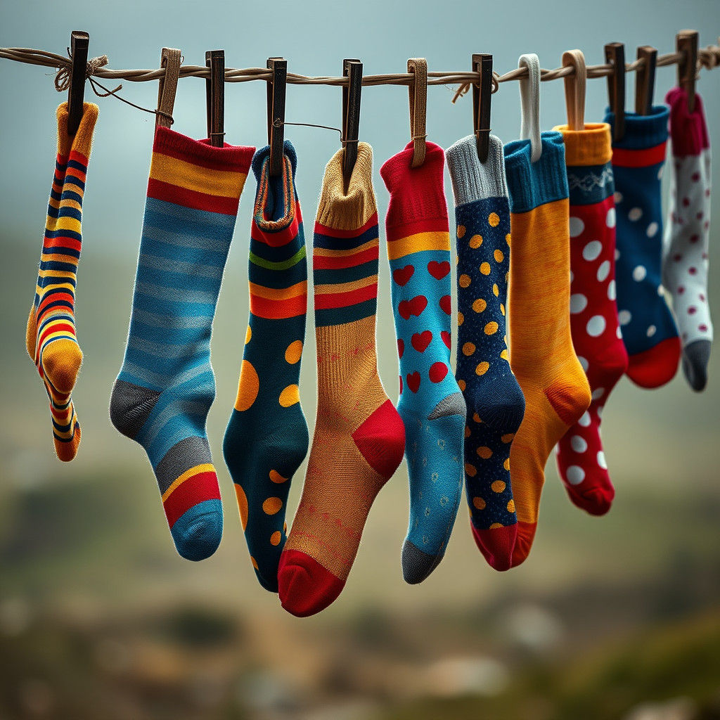 Eccentric Socks Swaying on a Rustic Washing Line