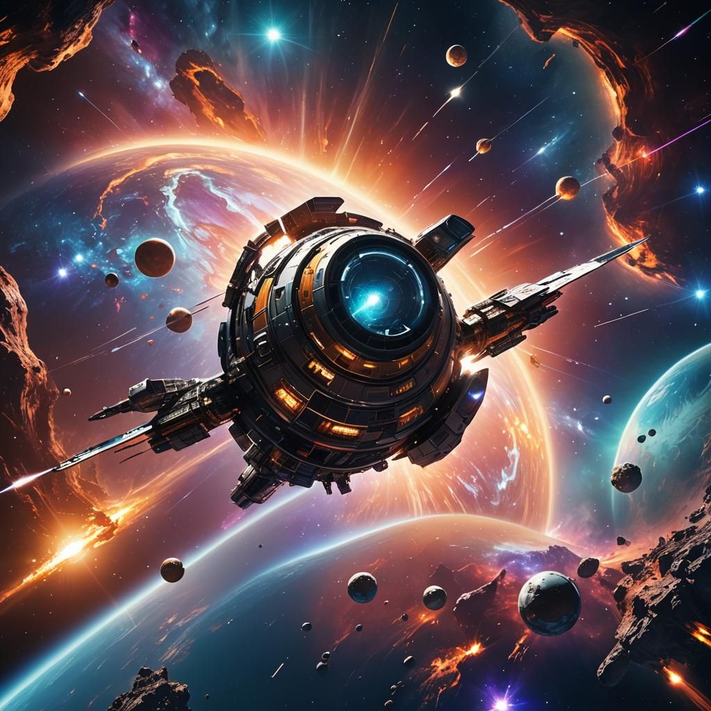 Spacecraft Orbiting Planet in Sci-Fi Digital Art