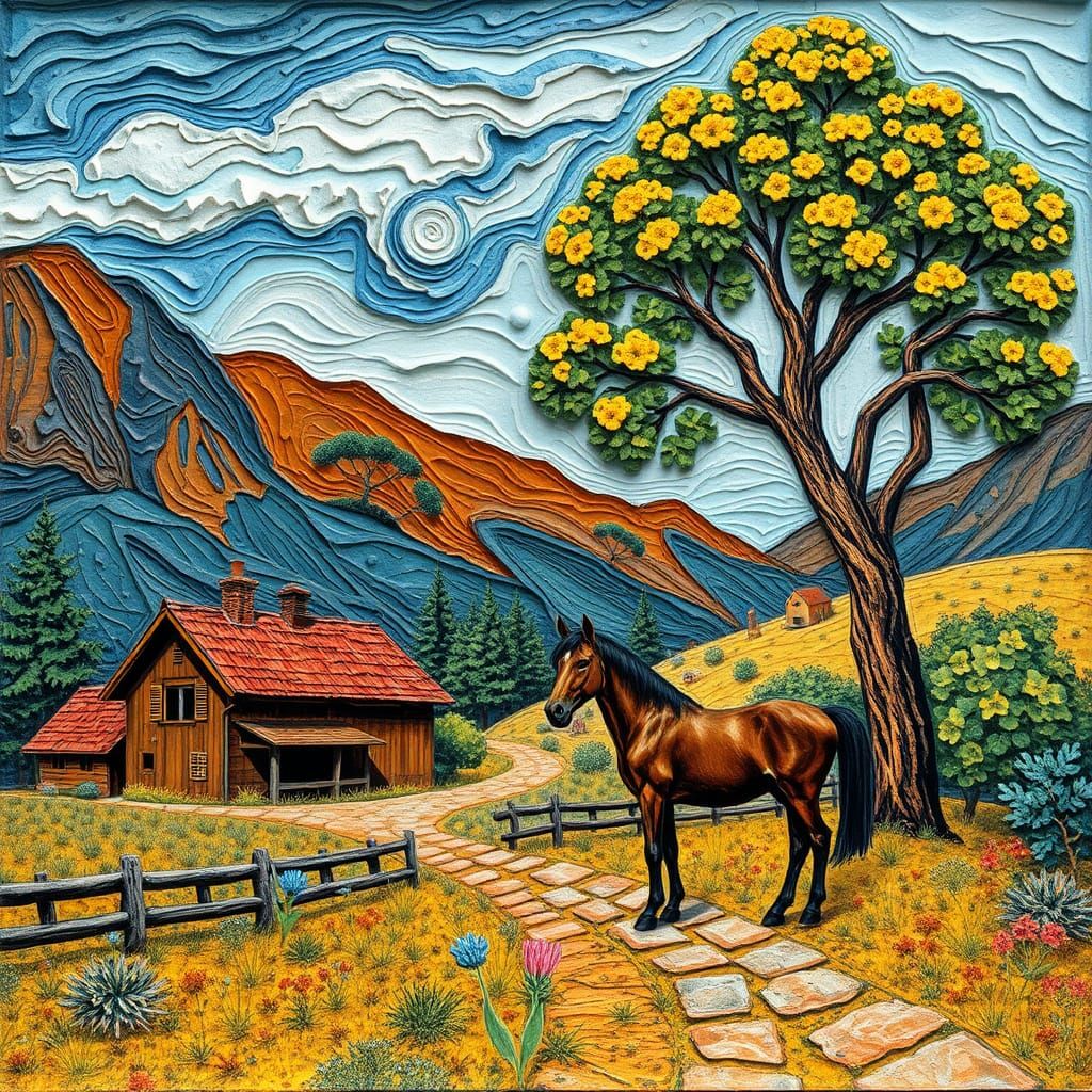 Fall Paper Collage Art, village, tree, ranch, horse, colorful