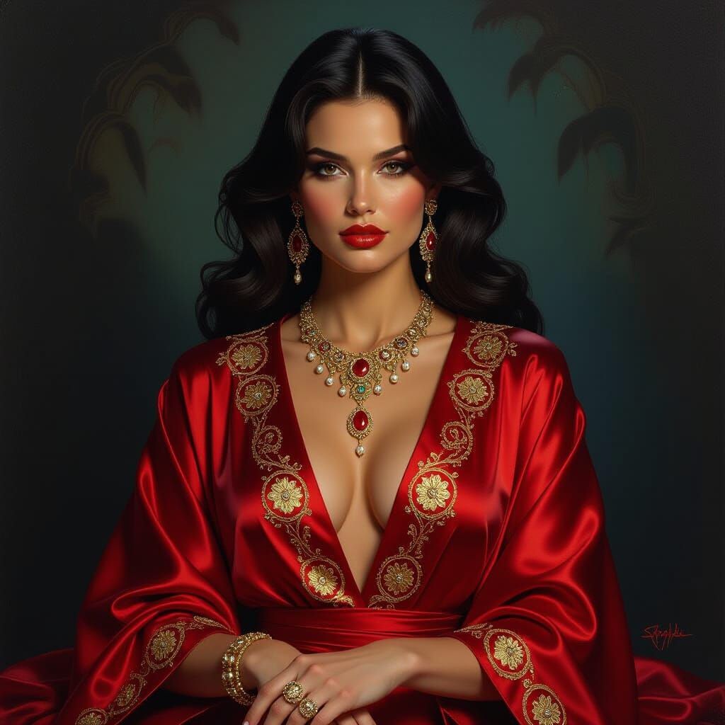 Woman in Crimson Robe, Fantasy Oil Painting