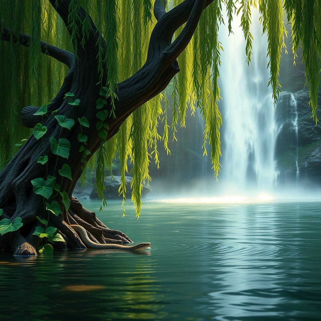 Majestic Willow Tree with Verdant Kiwi Vine and Waterfall