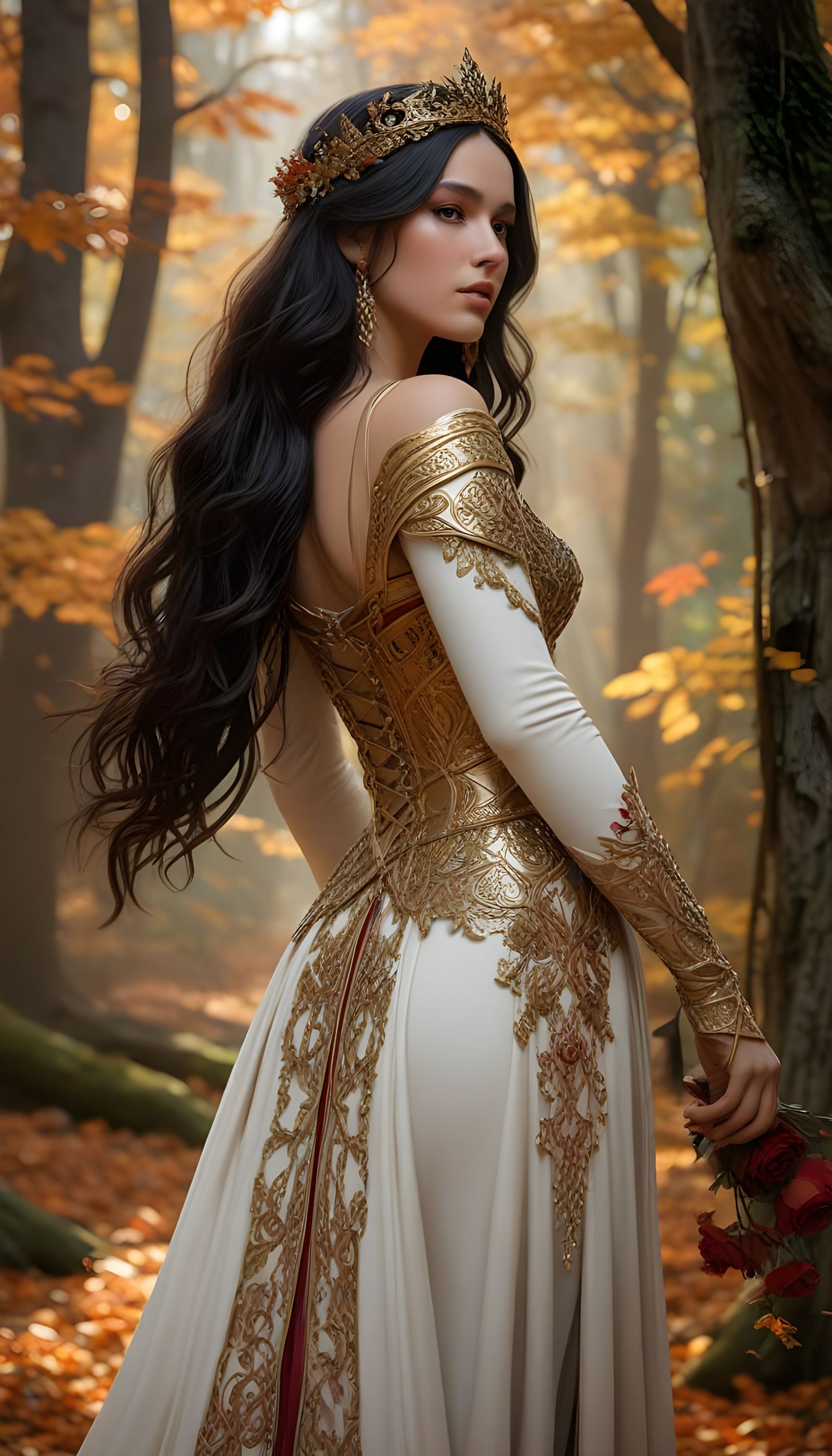 Mystical Autumn Queen in Medieval Attire Stands Regal in For...
