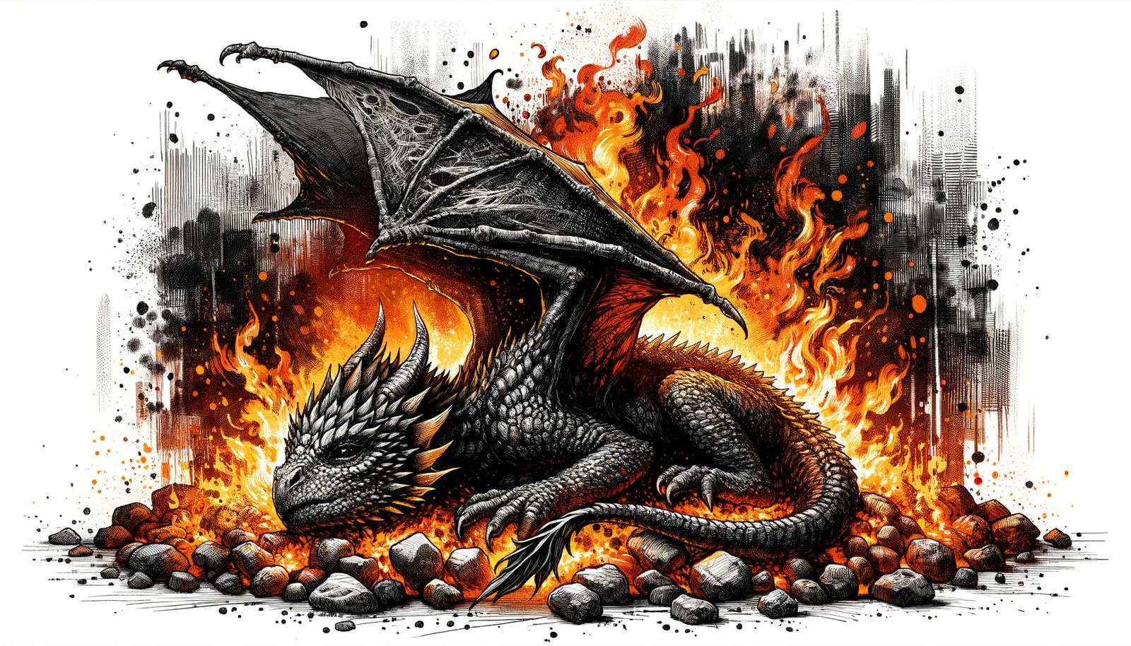 Newborn Dragon in Fiery Inferno: Digital Ink Illustration