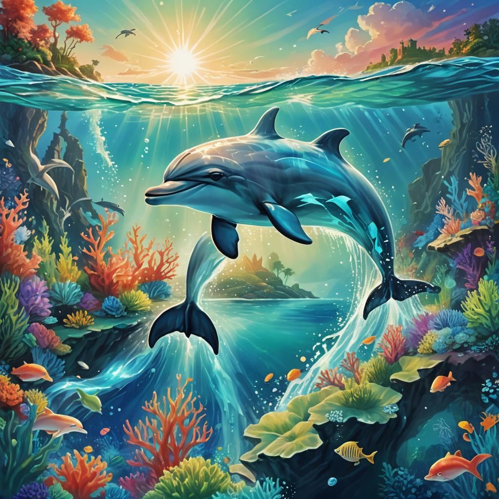 Dolphin Patronus Leaping from Coral Reef: Digital Art