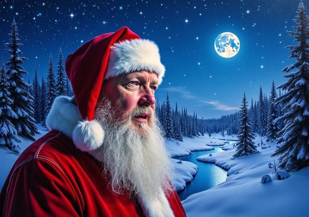 Psychedelic Santa Claus Portrait in Winter Wonderland
