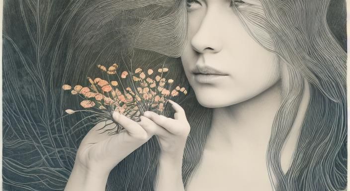 Woman with Flower in Etching Style