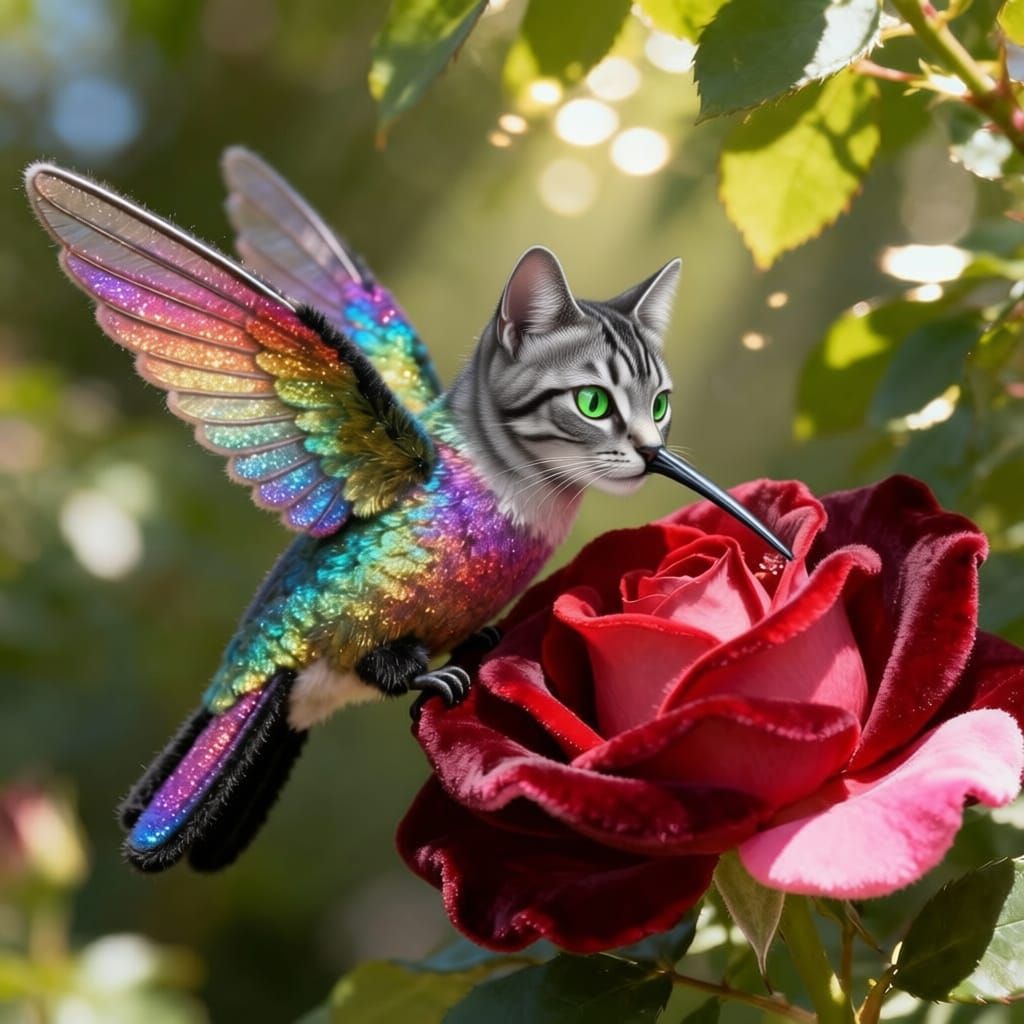 Tabby Cat With Hummingbird Beak and Iridescent Shimmer