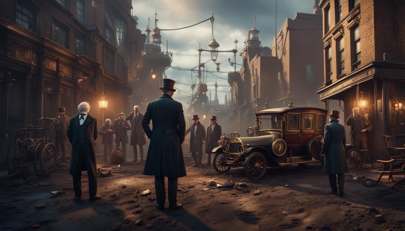 Steampunk Crime Scene With Investigators and Journalists