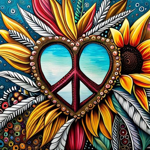 Heart and Peace Sign Painting with Sunflowers