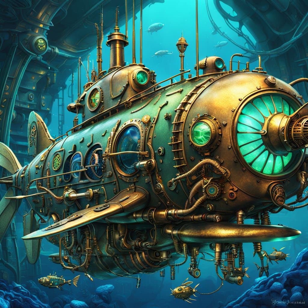 Steampunk Mosquito Submarine in Ocean Depths