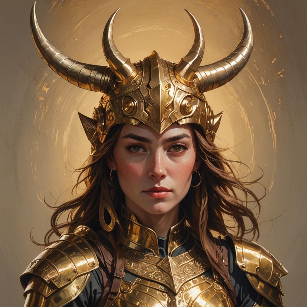 Golden Armored Woman Portrait in Ornate Style