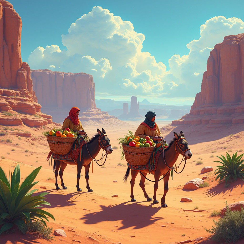 Vibrant Desert Nation with Fruit-laden Donkeys