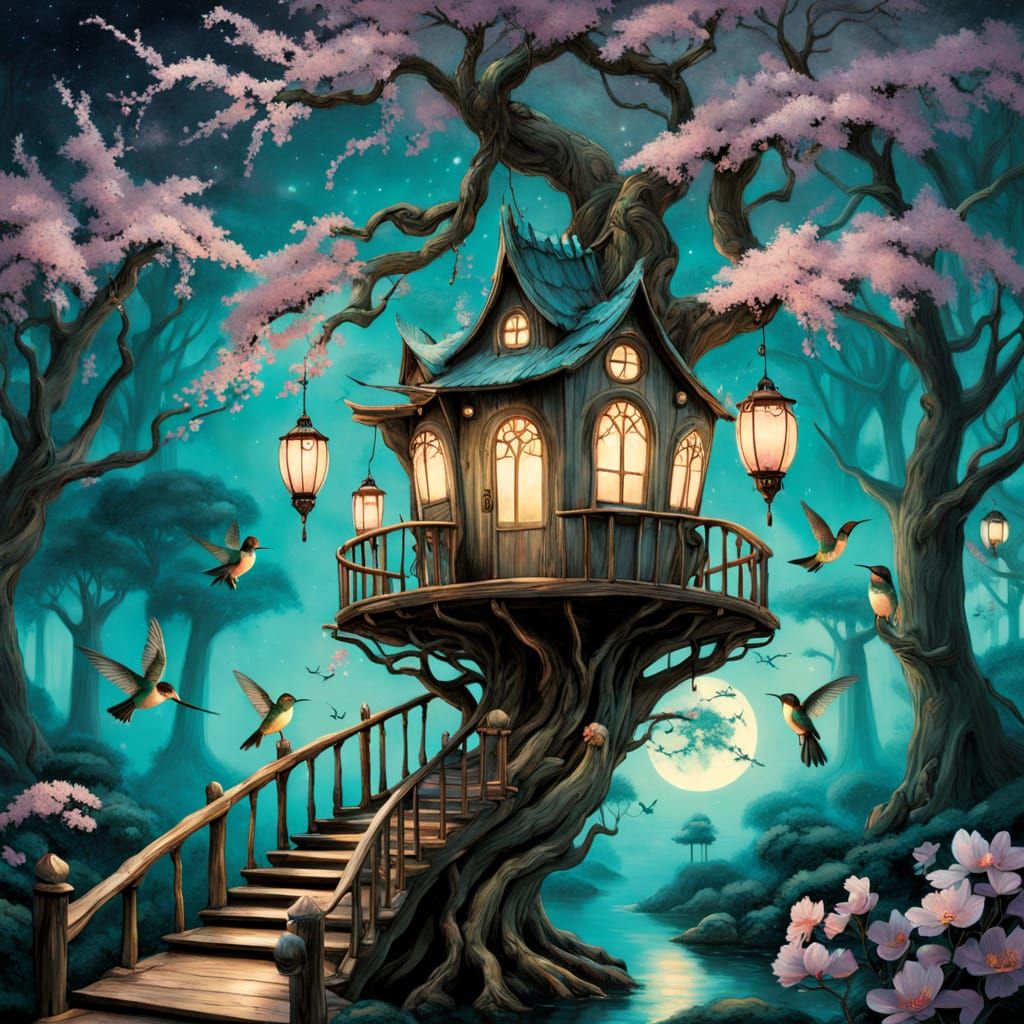 Surrealist Treehouse Sanctuary with Hummingbirds and Cherry ...