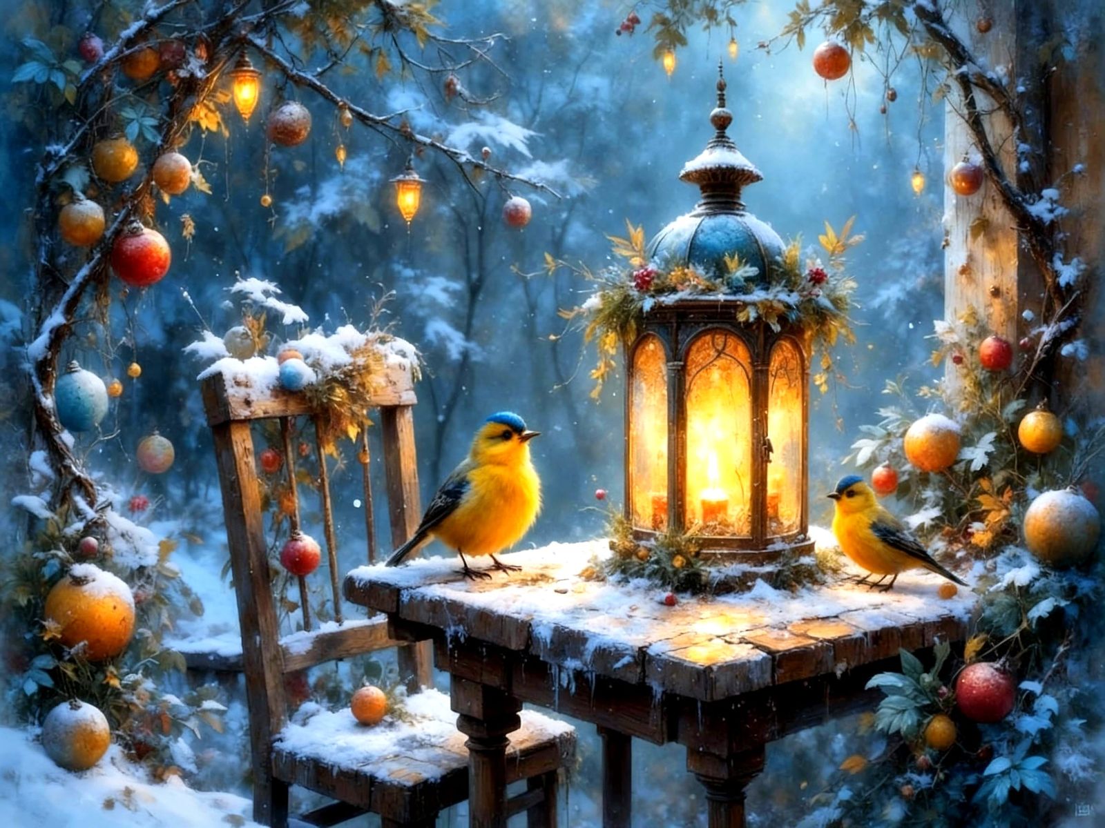 Cozy Christmas Scene with Birds and Glowing Lantern