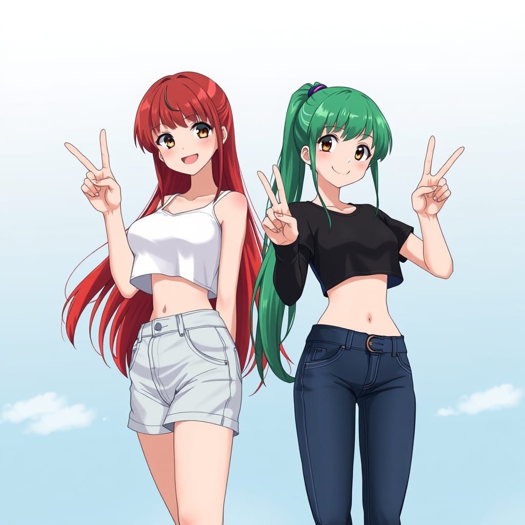 Teenage Girls Pose with Peace Signs in Vibrant Anime Style