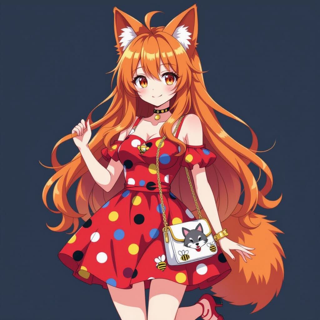 Kitsune Woman in Polka Dot Dress and Bee Print