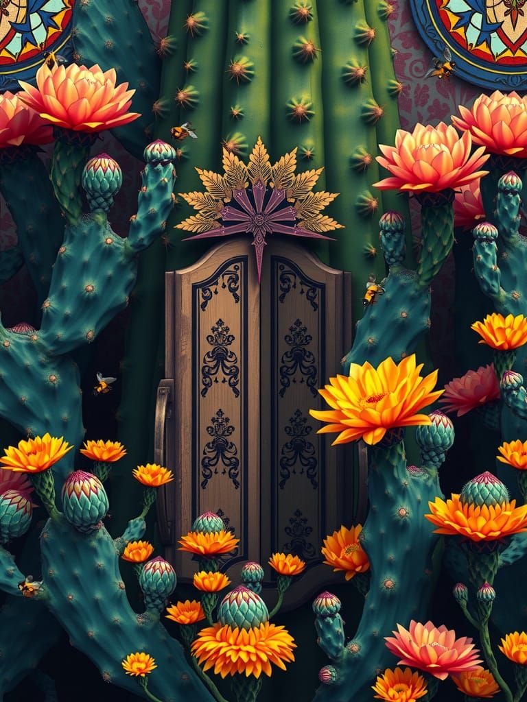 Enchanted Cactus with Doors and Stained Glass