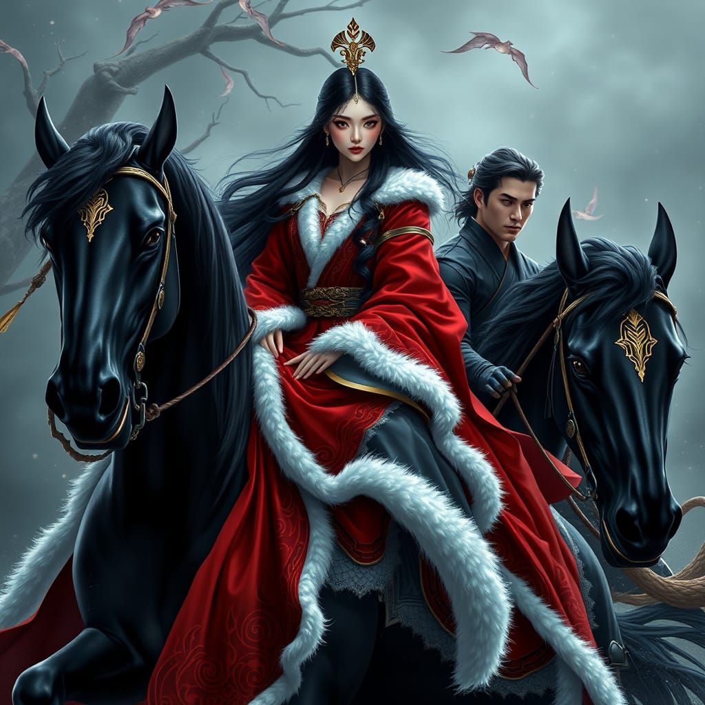 Ethereal Woman and Hero on Black Stallion